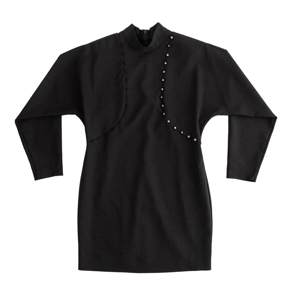 Nicole Miller Black Puff Sleeve Button Dress Mock Neck Women's $395 - Size 10 - Picture 8 of 14